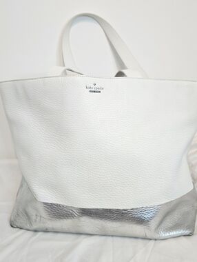 Kate Spade Madison Ave White Pebbled Leather Silver Tote Bag Large